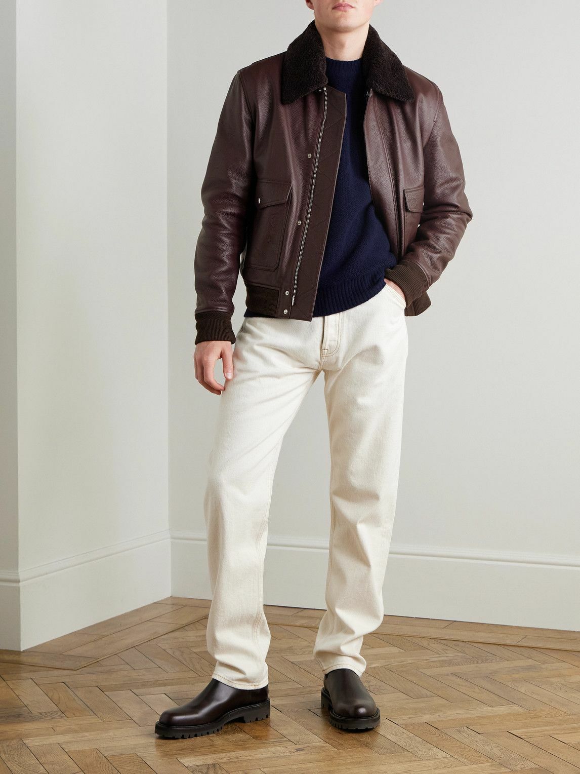 Mr P. - Shearling-Trimmed Full-Grain Leather Blouson Jacket - Purple