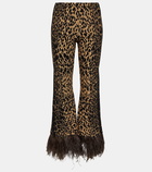 Valentino Feather-trimmed leopard-print flared pants