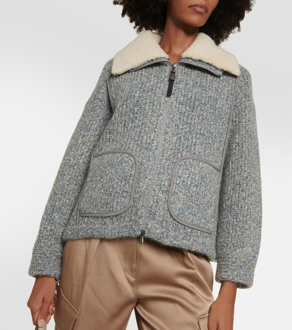 Brunello Cucinelli★素敵！Wool Blend Tweed DB Monili Jacket Brunello Cucinelli - Brown Suede Monili Blazer | Mitchell Stores