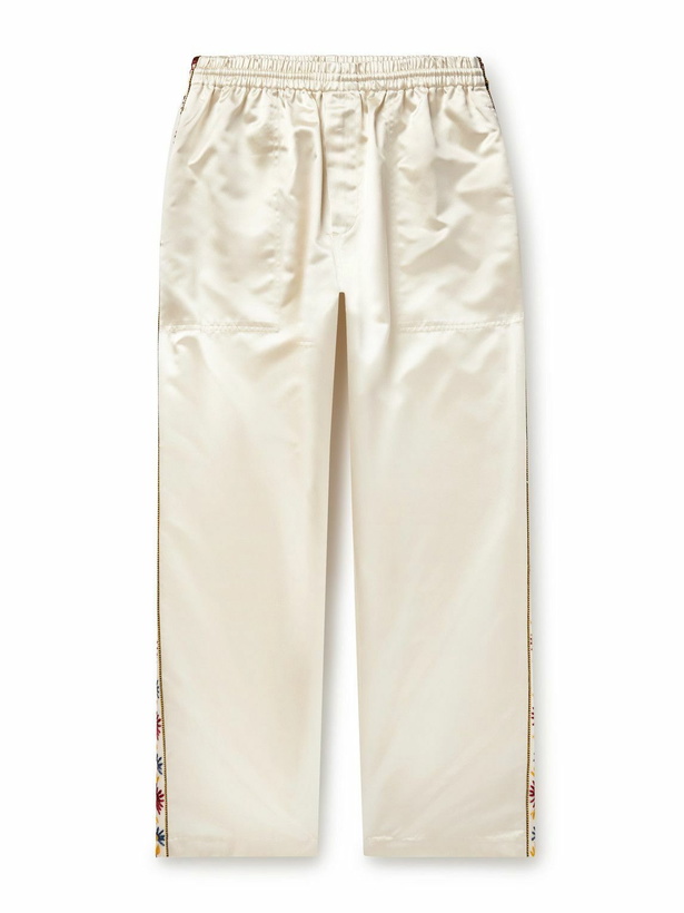 Photo: BODE - Candyfloss Straight-Leg Embroidered Voile-Trimmed Satin Track Pants - Neutrals