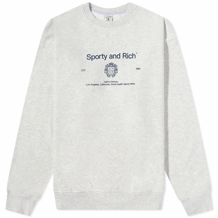 Photo: Sporty & Rich Men's Crest Crew Sweat in Heather Grey/Navy