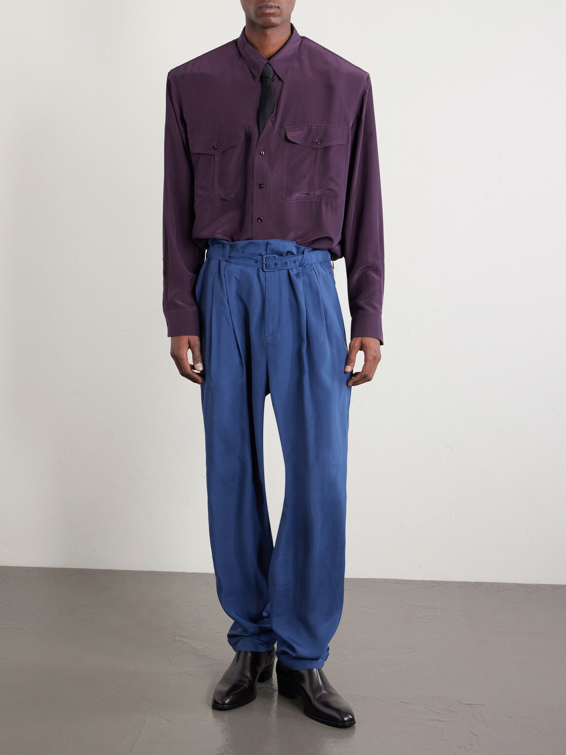 SAINT LAURENT - Tapered Belted Pleated Silk Trousers - Blue