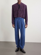 SAINT LAURENT - Tapered Belted Pleated Silk Trousers - Blue