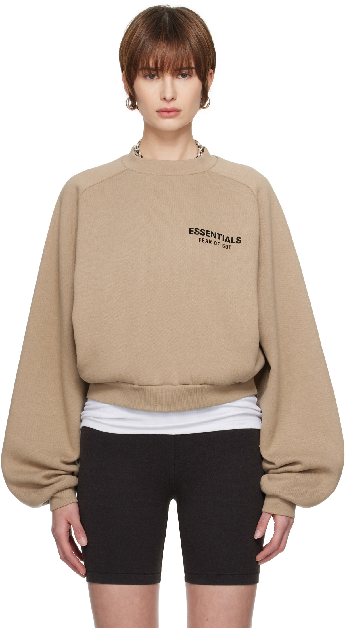 Fear of God ESSENTIALS Beige Fleece Cropped Crewneck Sweatshirt