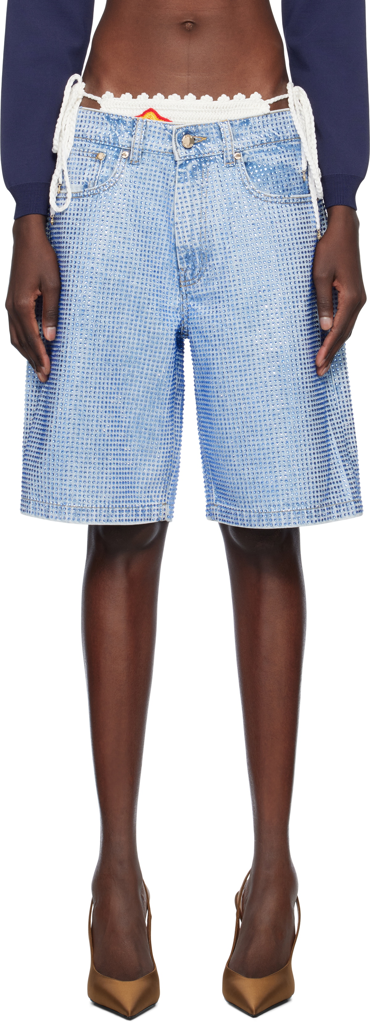 Casablanca Blue Crystal Embellished Denim Shorts