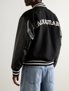 Wacko Maria - Logo-Embroidered Striped Wool-Blend and Leather Varsity Jacket - Black