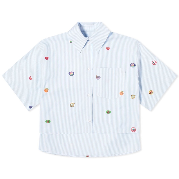Photo: Kenzo Paris Women's Kenzo Fruit Stickers Cropped Shirt in Sky Blue