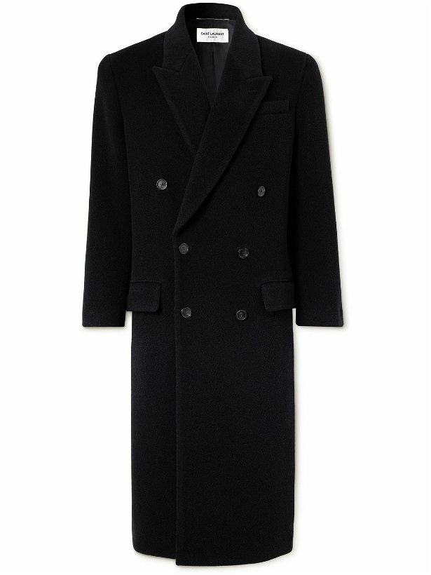 Photo: SAINT LAURENT - Double-Breasted Herringbone Wool Overcoat - Black