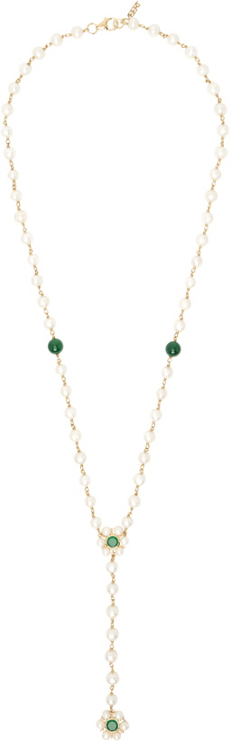 VEERT White & Gold Freshwater Pearl Peridot & Green Onyx Necklace 