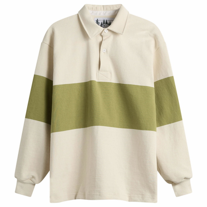 Photo: Café Mountain Men's Block Stripe Sportsman Shirt in Ecru/Kiwi
