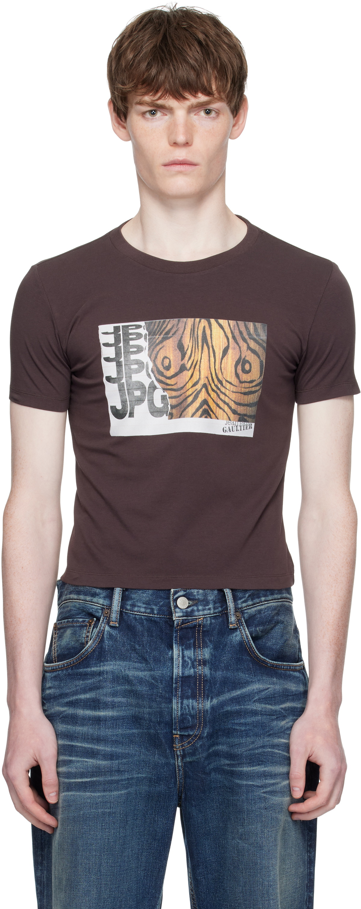 【関税込み】Jean Paul Gaultier ブラウン Printed Wood Tシャツ Jean Paul Gaultier Brown KNWLS Edition Long Sleeve T-Shirt