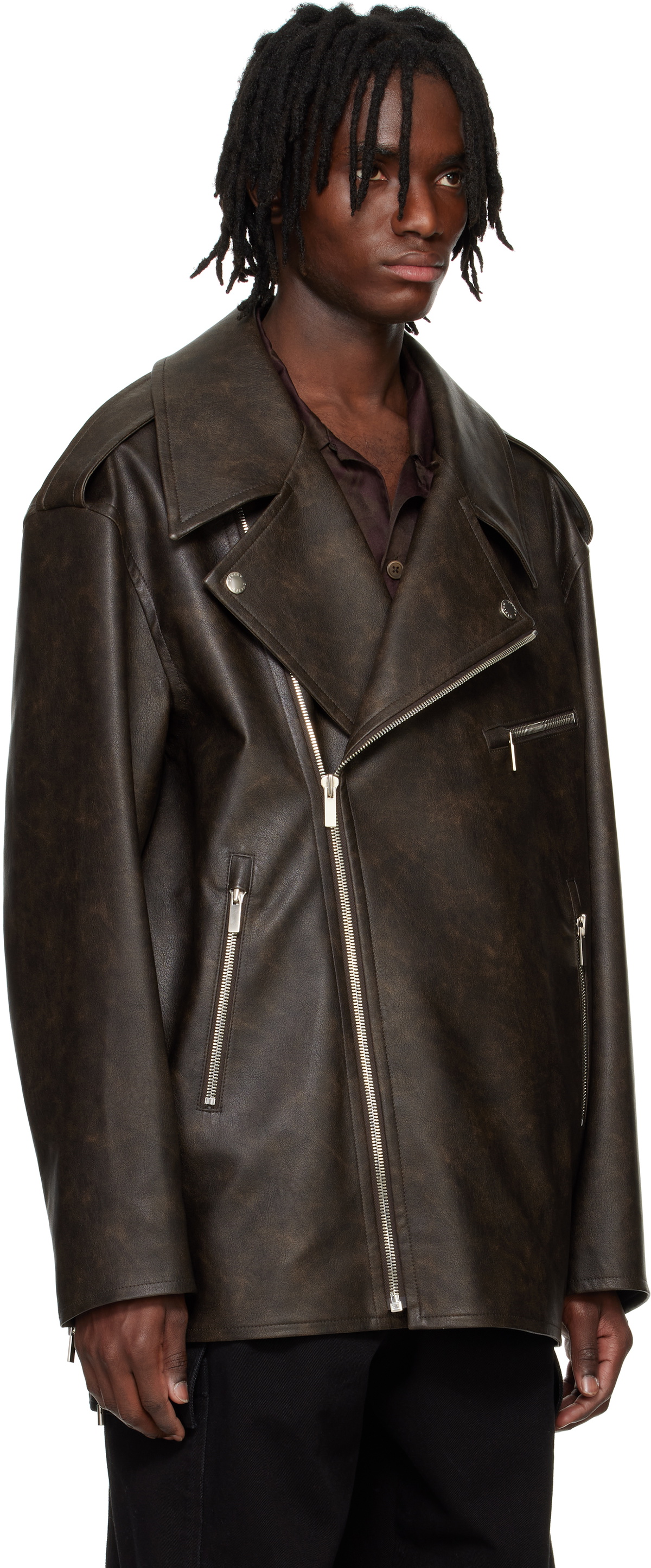 System Brown Knotted Faux Leather Jacket