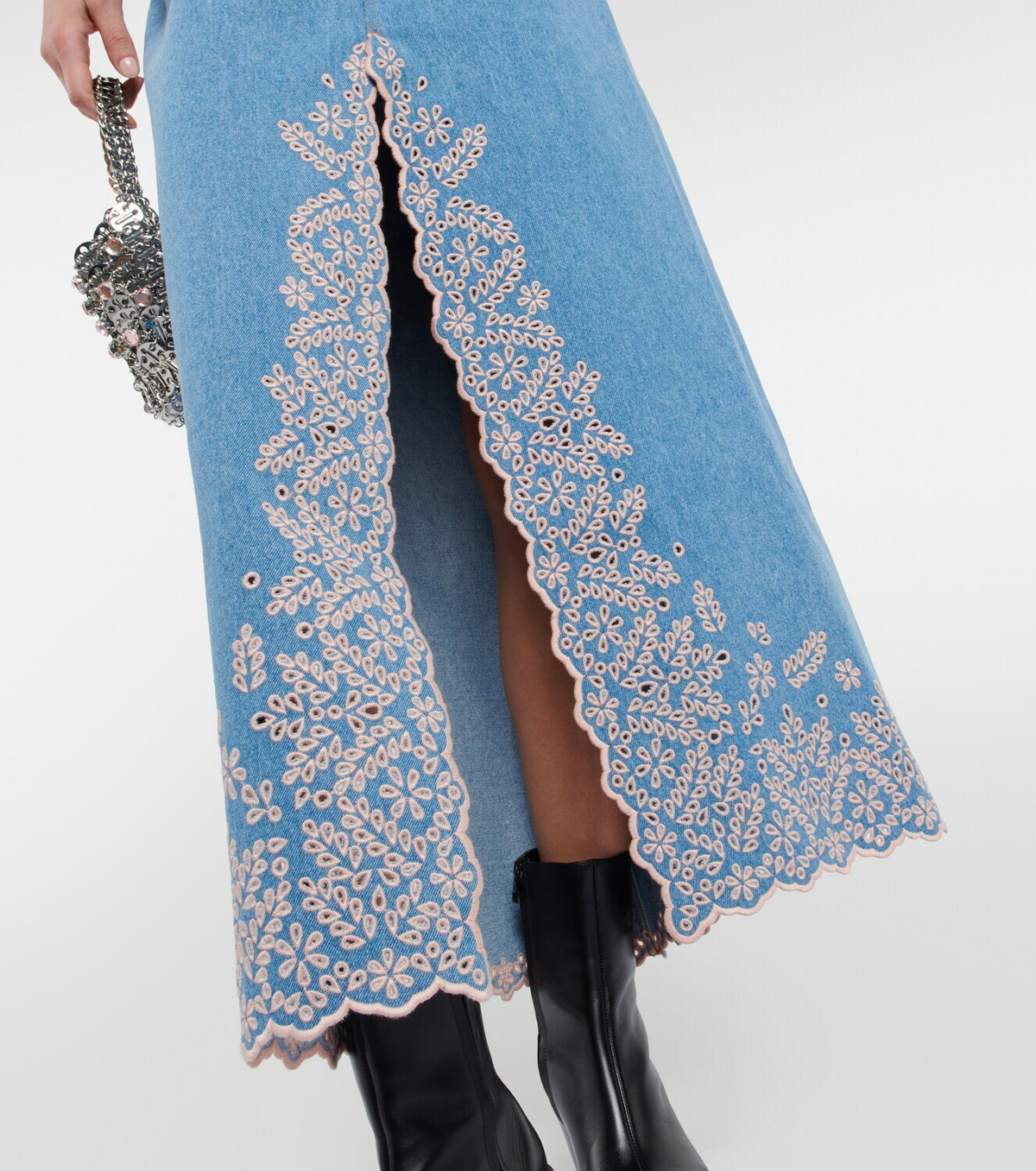 Embroidered denim hotsell midi skirt