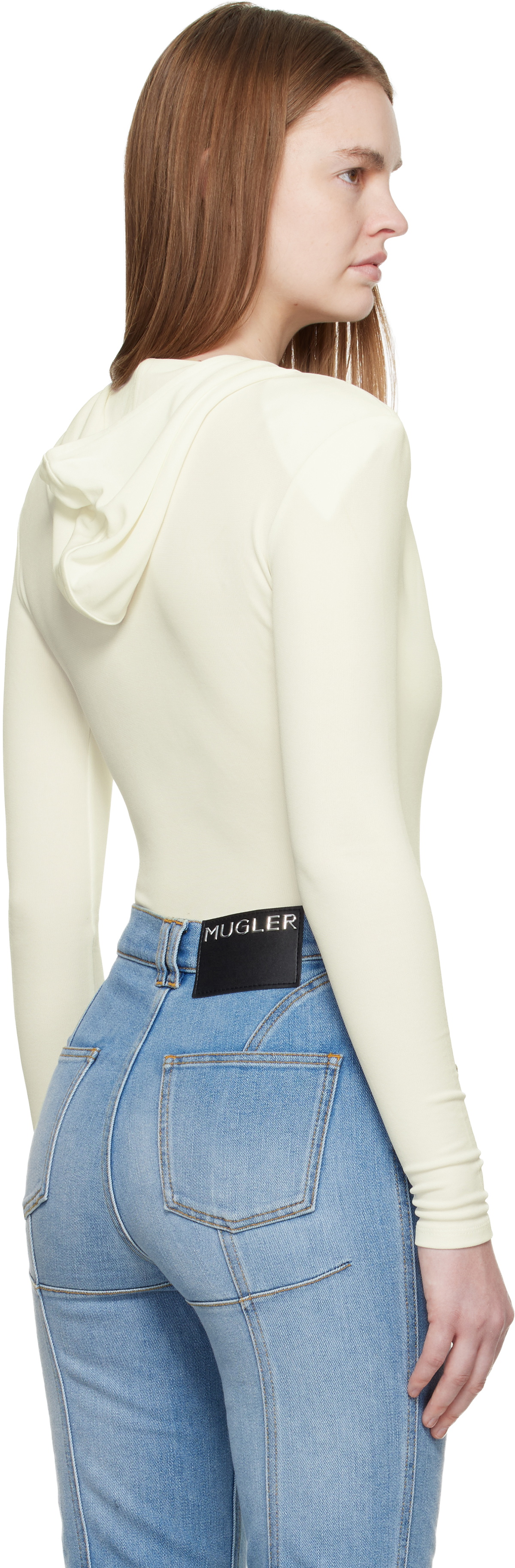Mugler Off-White Hooded V-Neck Bodysuit