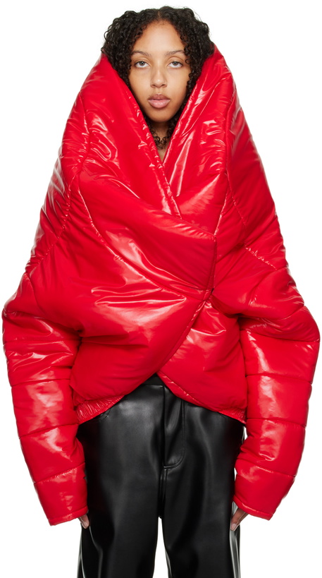 Photo: Sia Arnika Red Oversized Collar Puffer Jacket
