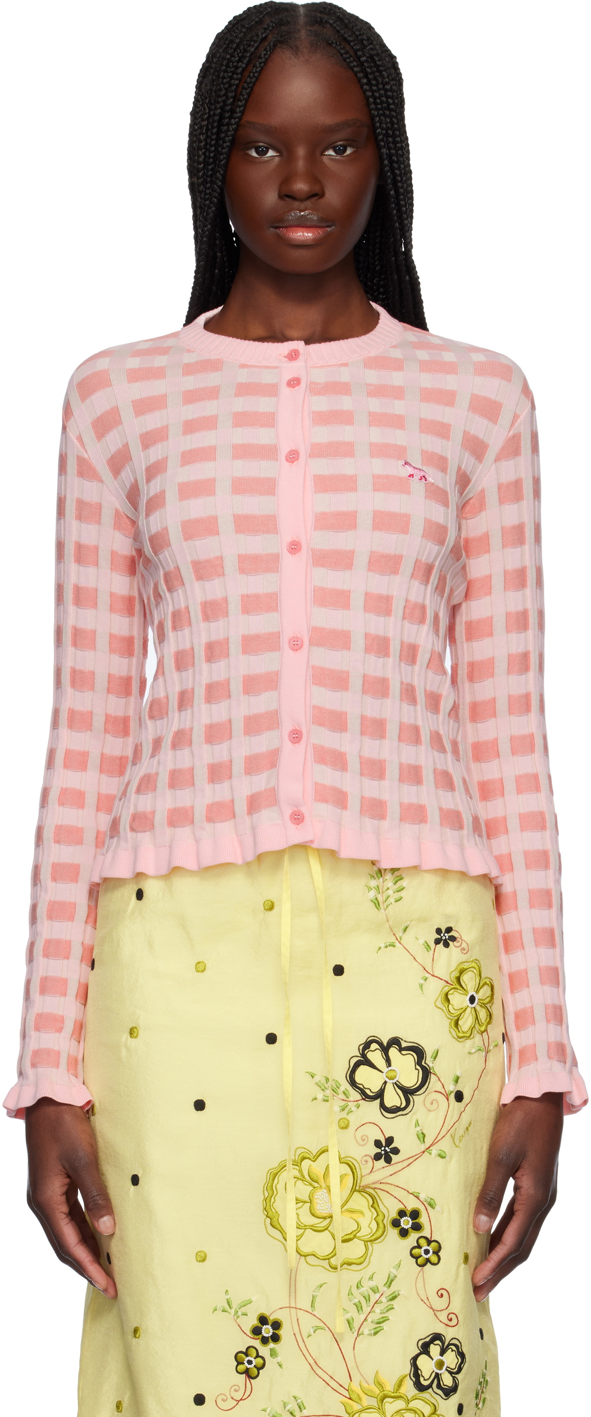 Maison Kitsuné Pink Checked Ribbed Cardigan