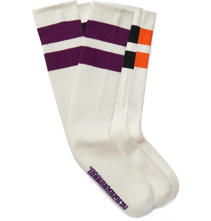 Photo: Neighborhood - Three-Pack Logo-Print Striped Stretch Cotton-Blend Socks - White