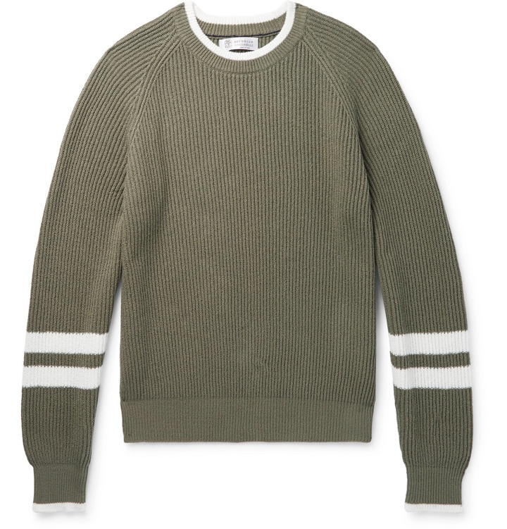 Photo: Brunello Cucinelli - Striped Ribbed Cotton Sweater - Green