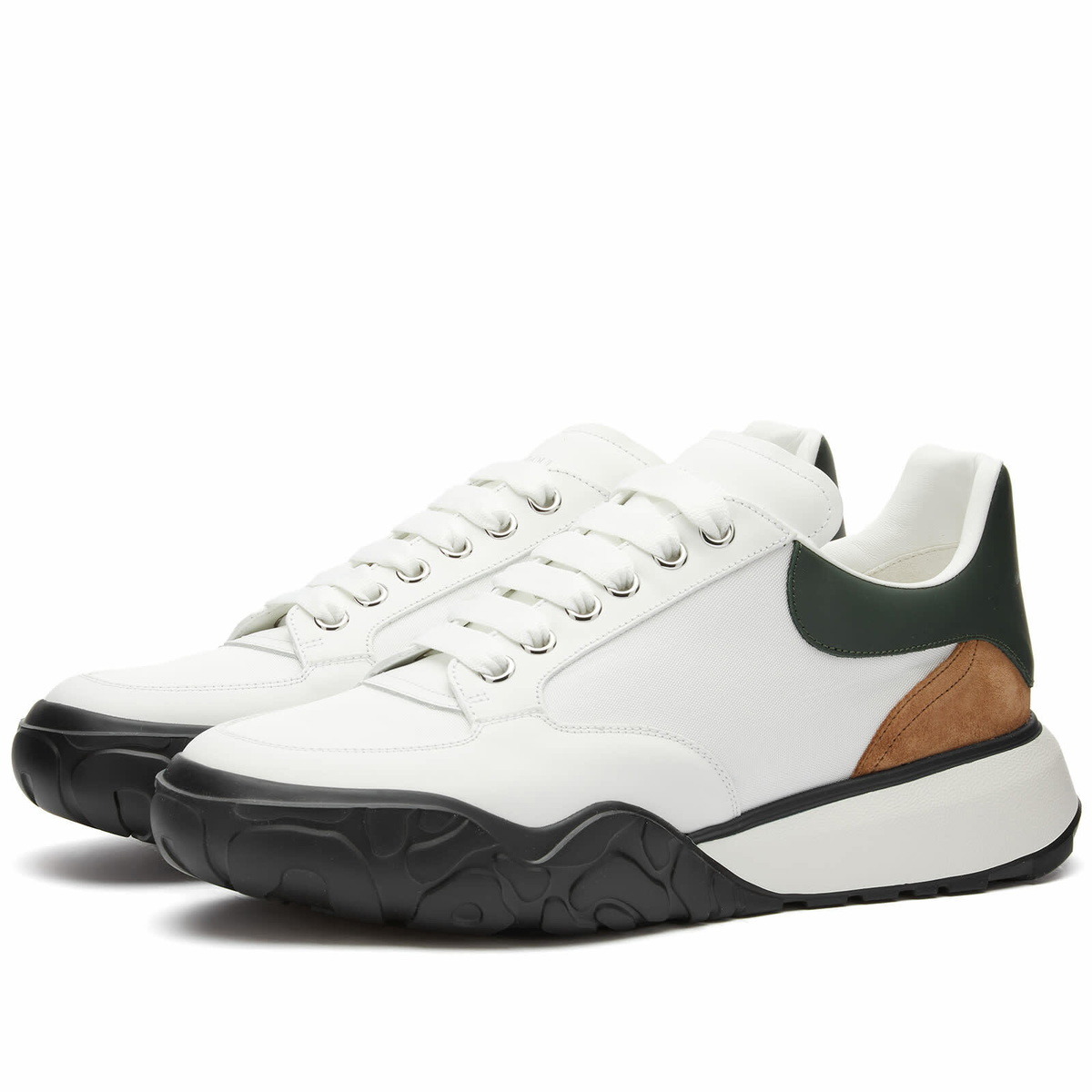 Alexander McQueen Men's Court Sneakers in White/Tan/Green Alexander McQueen