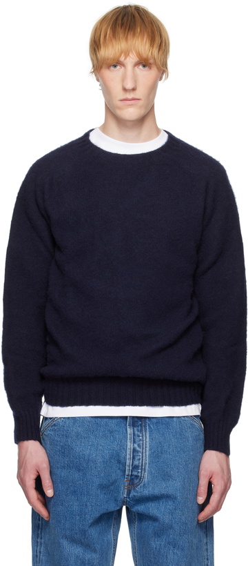 Photo: Drake's Navy Brushed Shetland Crew Neck Sweater