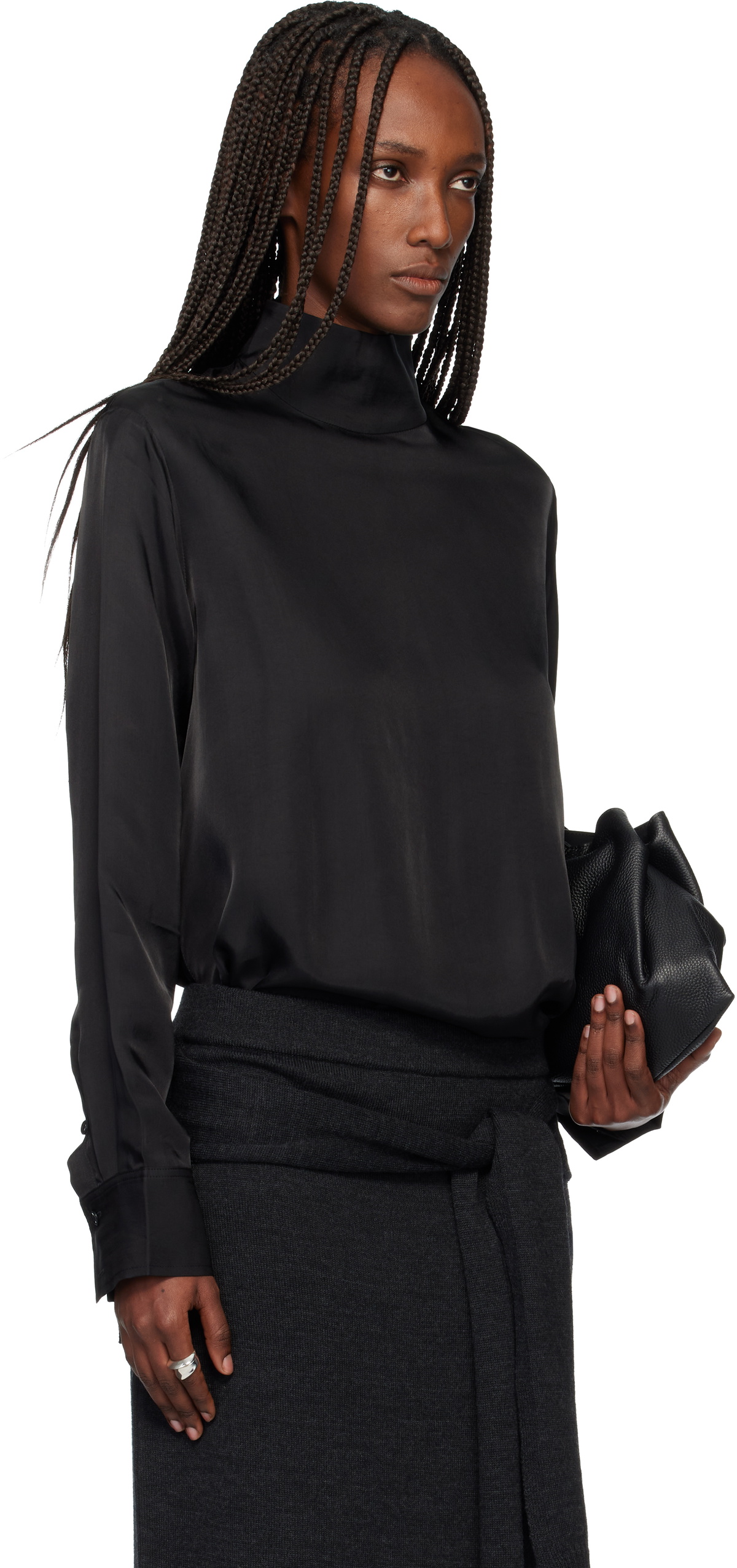 TONYWACK Black Liquid Oversized High Neck Blouse