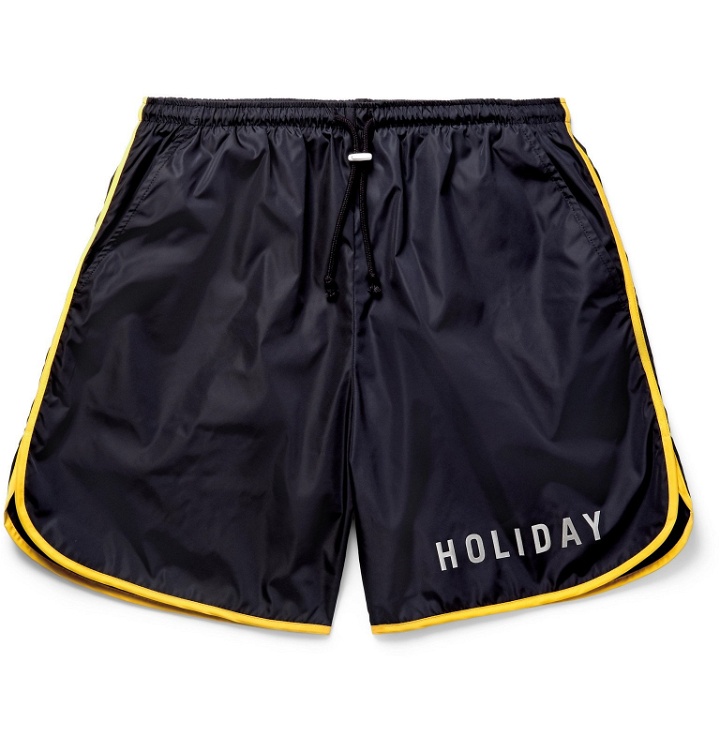 Photo: Holiday Boileau - The Lake Wide-Leg Mid-Length Piped Swim Shorts - Blue