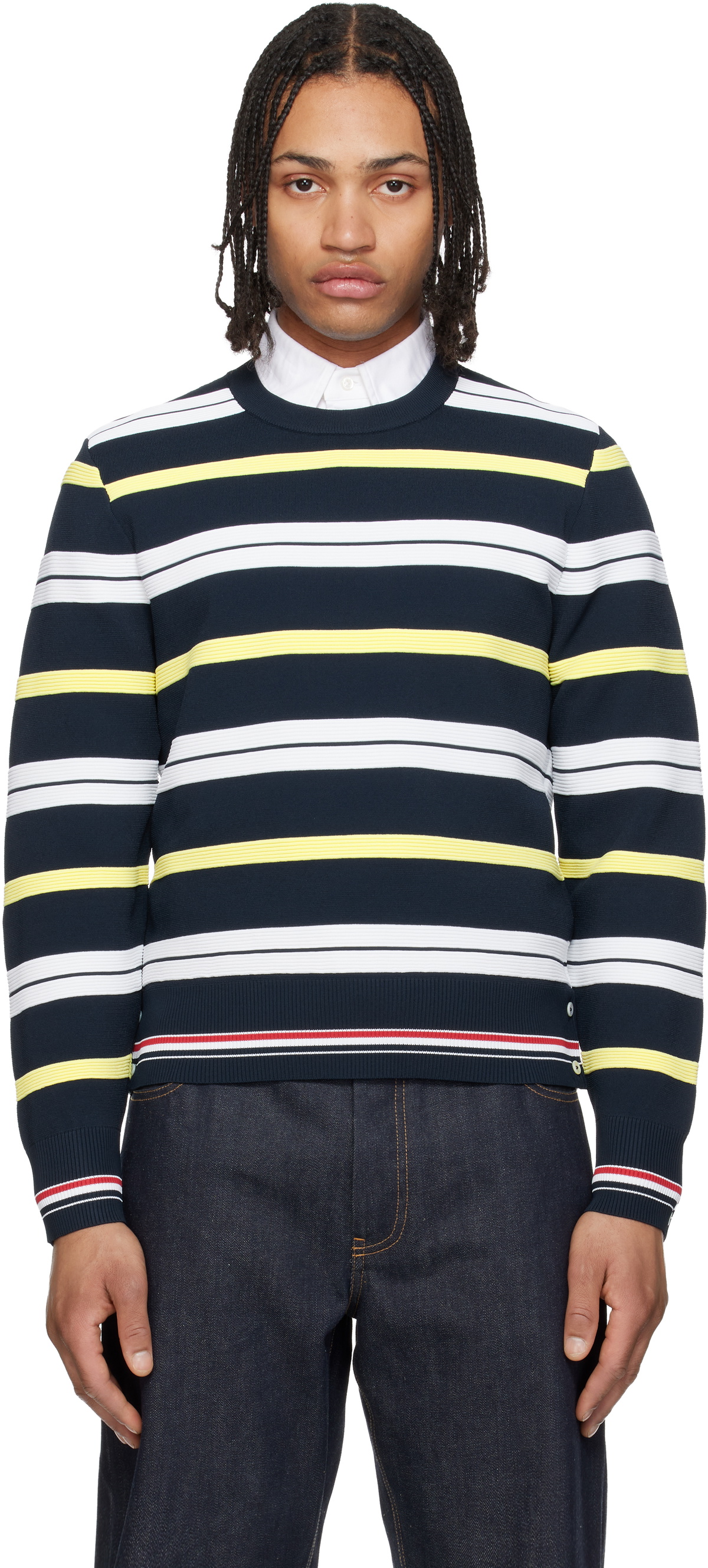 Thom Browne Navy Variegated Rep Stripe Ottoman Stitch Crew Neck Sweater