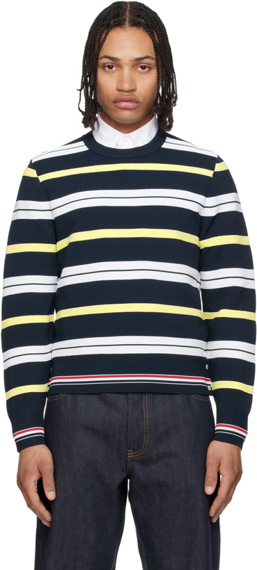 Photo: Thom Browne Navy Variegated Rep Stripe Ottoman Stitch Crew Neck Sweater
