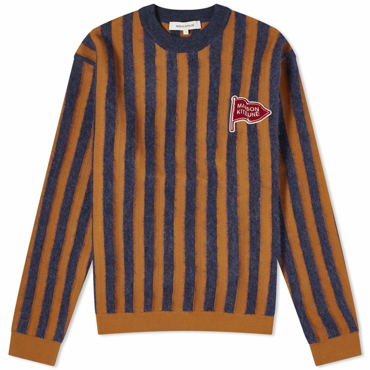 Photo: Maison Kitsuné Men's Flag Logo Intarsia Stripe Knit in Ink Blue/Mustard