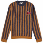 Maison Kitsuné Men's Flag Logo Intarsia Stripe Knit in Ink Blue/Mustard