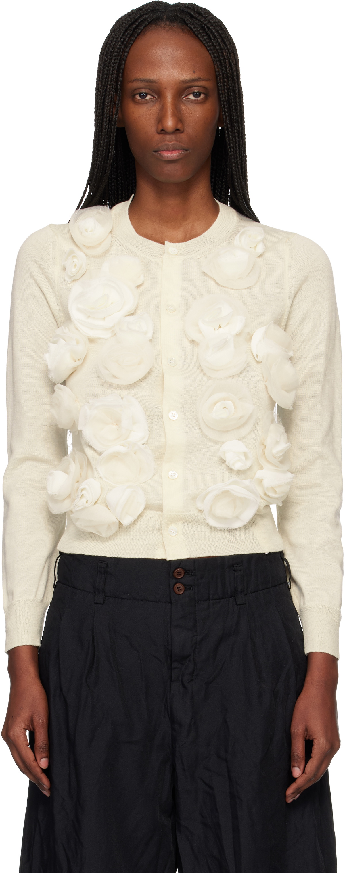 Comme des Garçons Comme des Garçons Off-White Lambswool Jersey X Flower Embroidery Cardigan