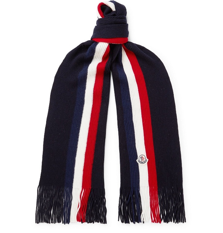 Photo: Moncler - Fringed Logo-Appliquéd Striped Ribbed Virgin Wool Scarf - Black