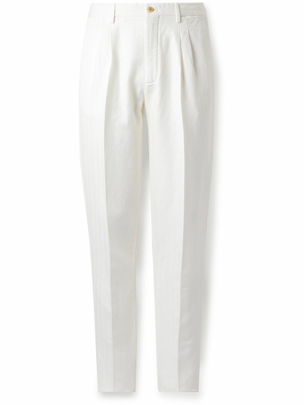 Photo: Boglioli - Straight-Leg Pleated Herringbone Cotton and Linen-Blend Suit Trousers - White