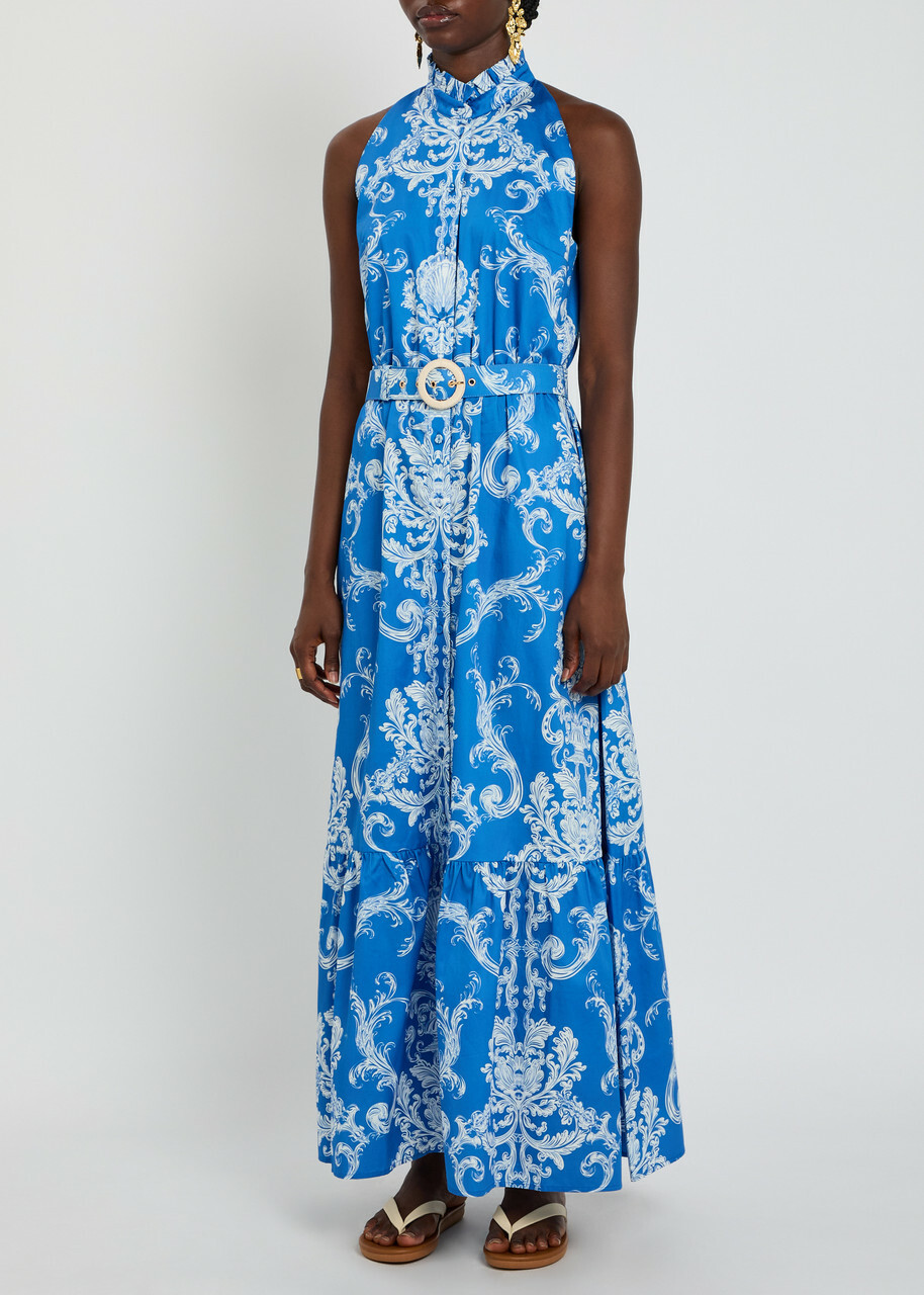 Borgo DE Nor Biba Printed Belted Cotton Maxi Dress Blue