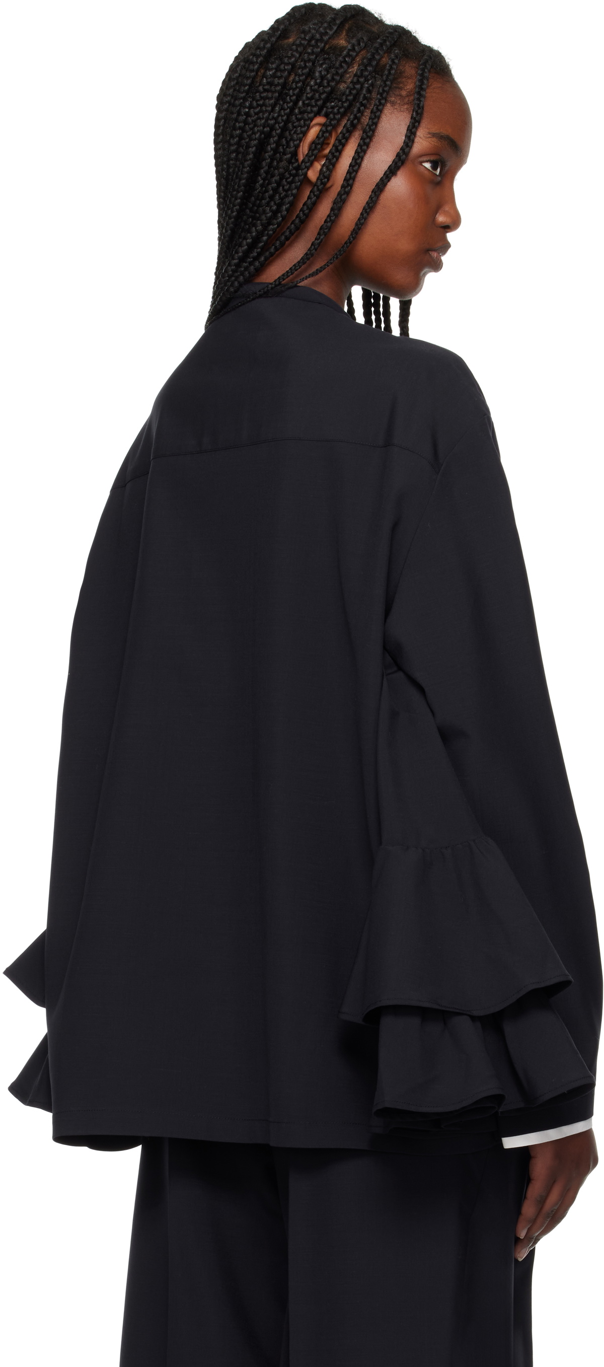 AO Yes Navy Round Collar Ruffle Blazer