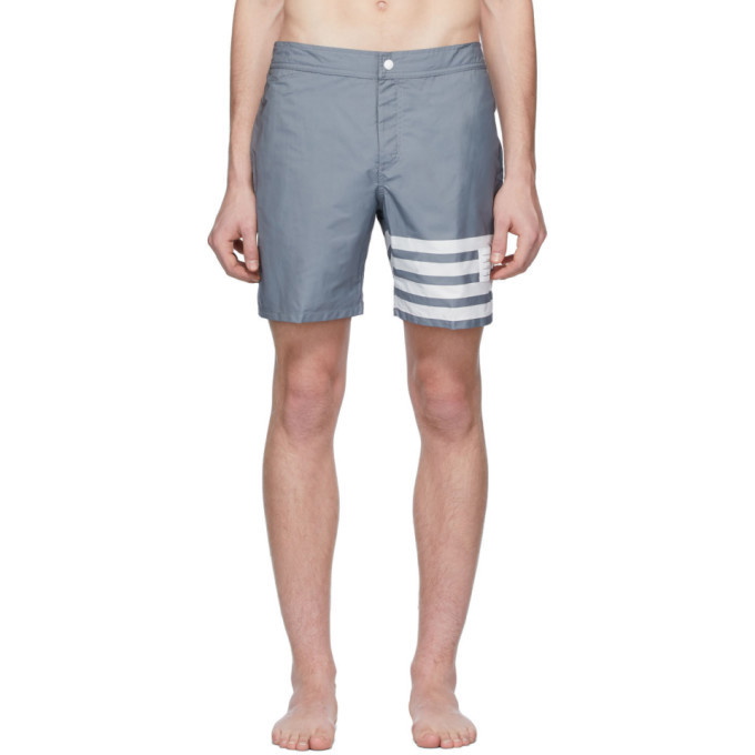 Photo: Thom Browne Grey Snap Front 4-Bar Swim Shorts