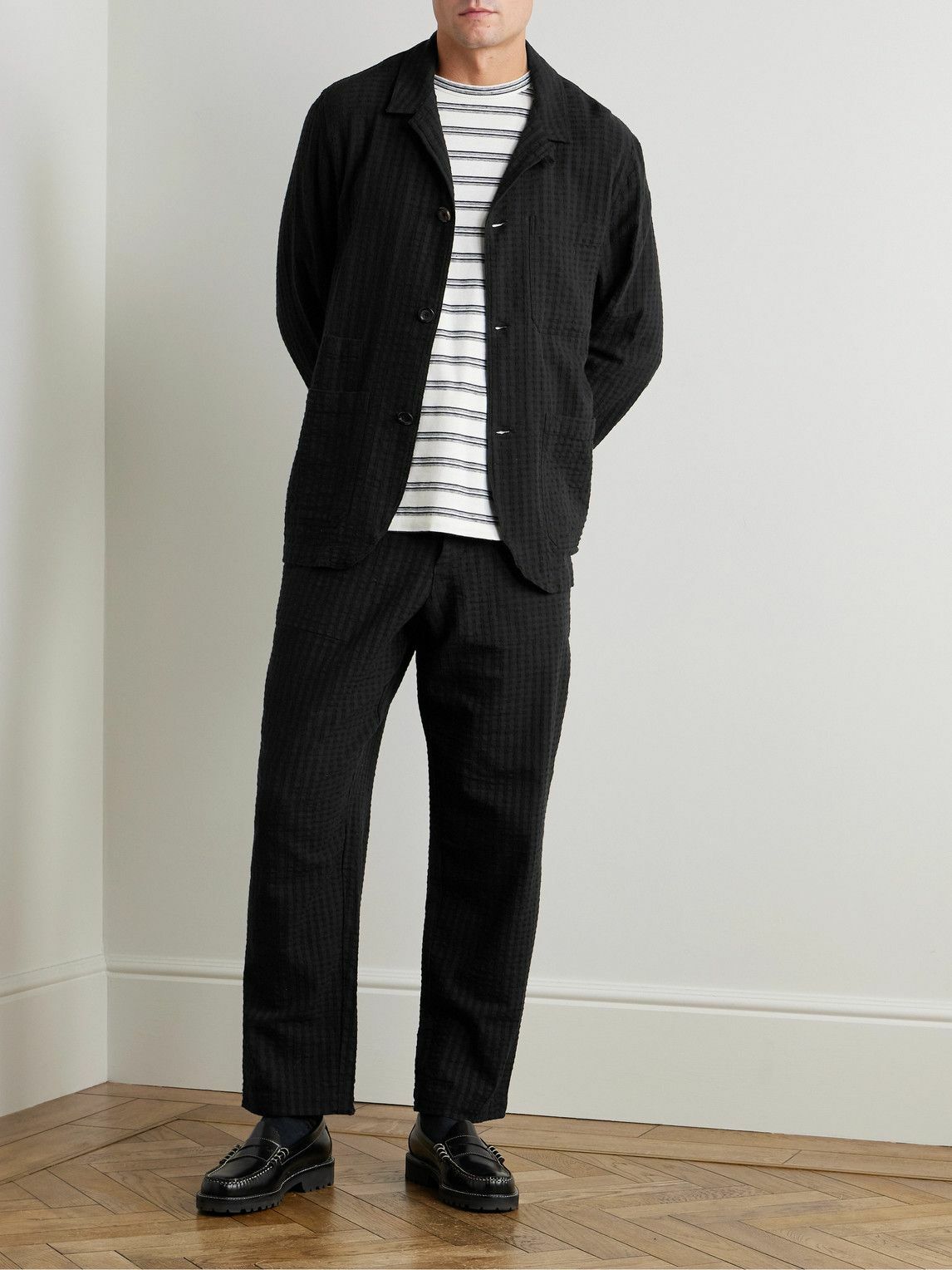 Oliver Spencer - William Straight-Leg Organic Cotton-Blend Seersucker Trousers - Black