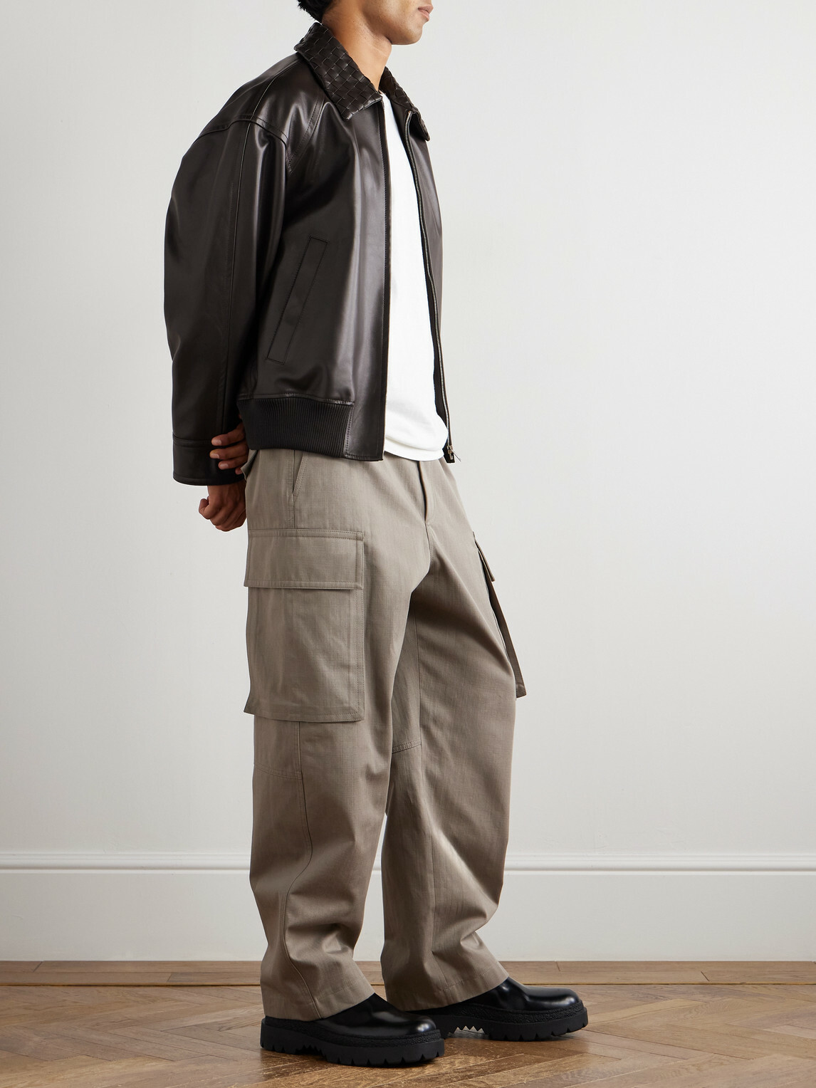 Bottega Veneta - Intrecciato-Trimmed Leather Blouson Jacket - Brown