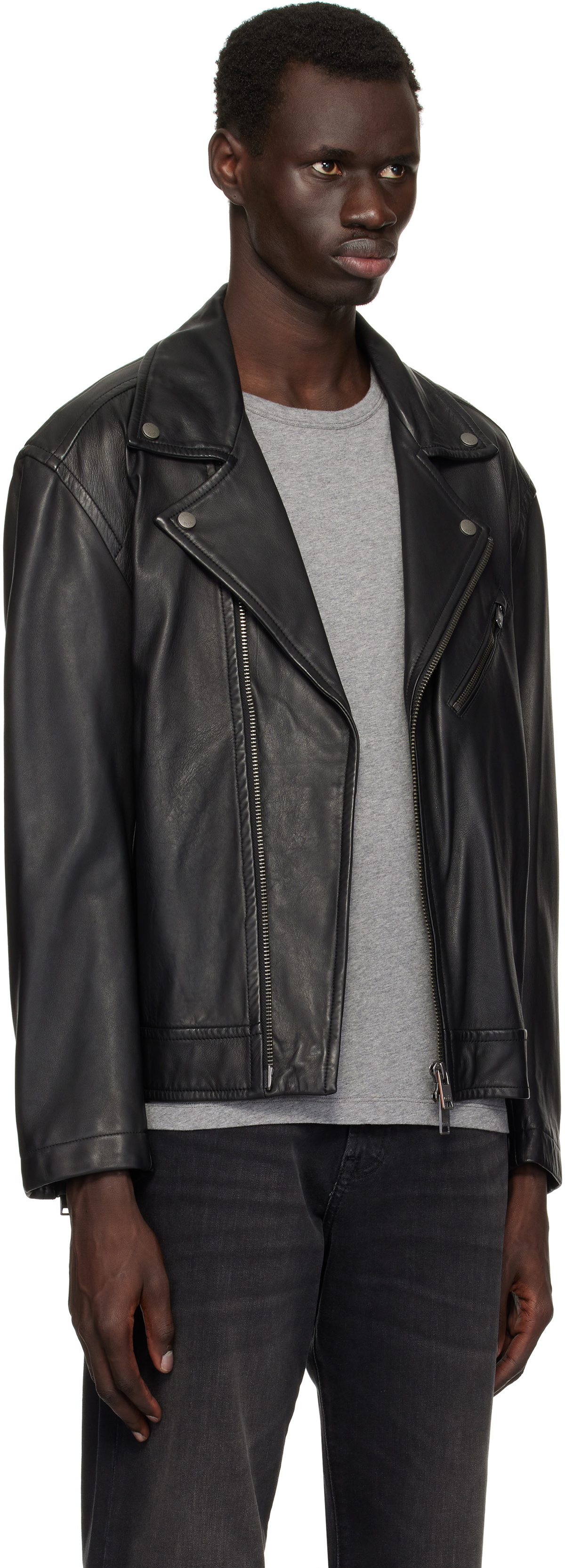 BOSS Black Zip Pocket Leather Biker Jacket
