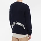 Palm Angels Men's Curved Logo Crew Knit in Navy Blue /White