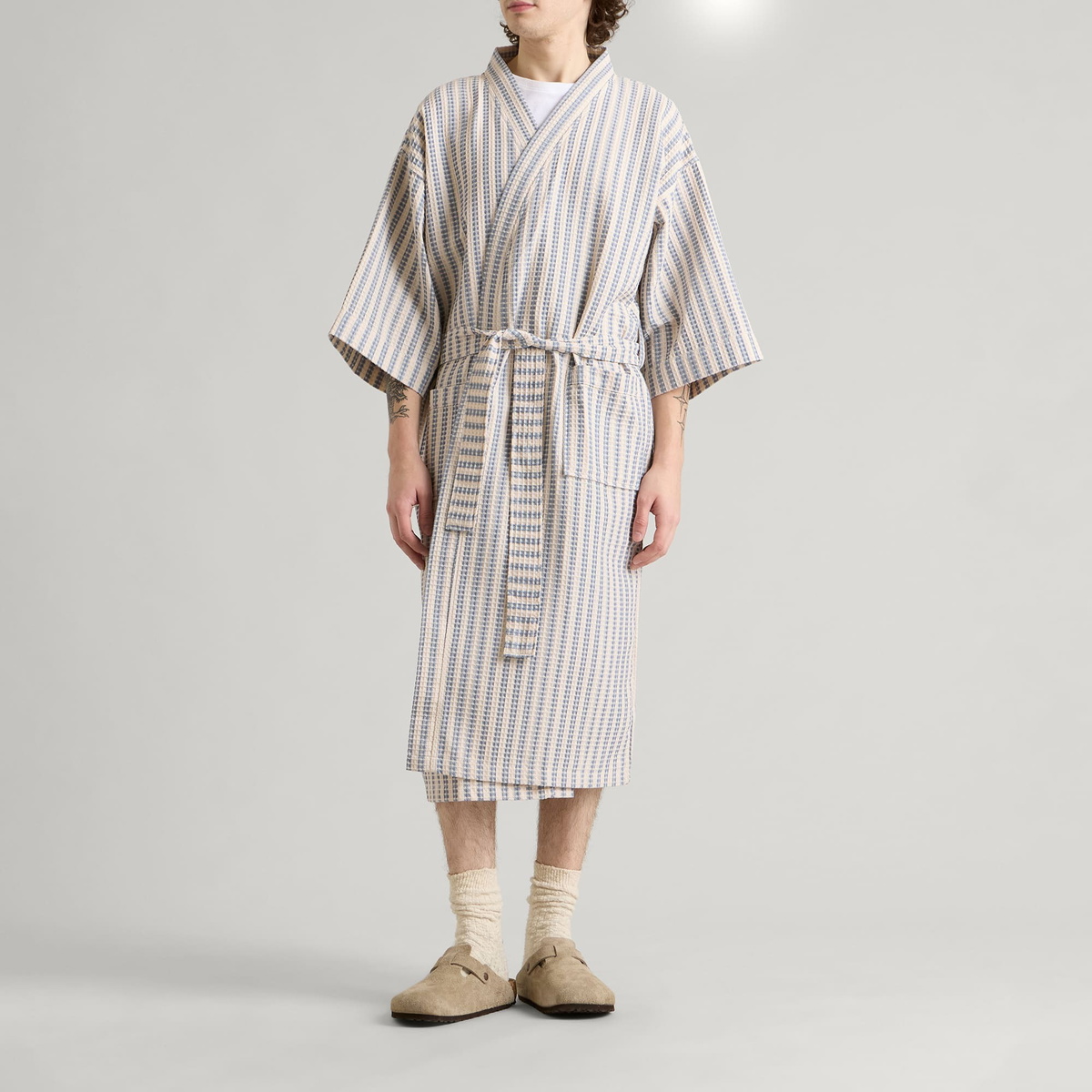 HAY Waffle Bathrobe in Stripe Dusty Blue