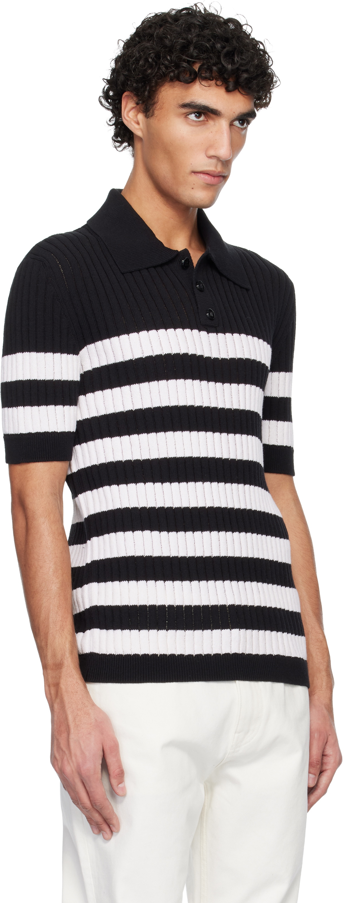 Balmain Black & White Marinière Ribbed Cotton Knit Polo