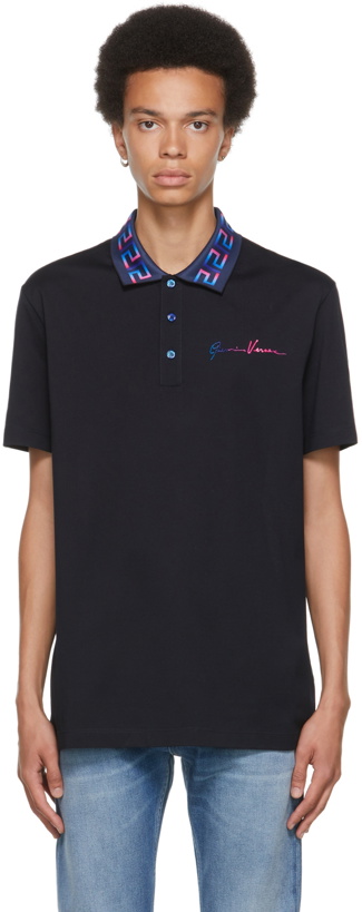 Photo: Versace Navy Embroidered Greca Collar Polo