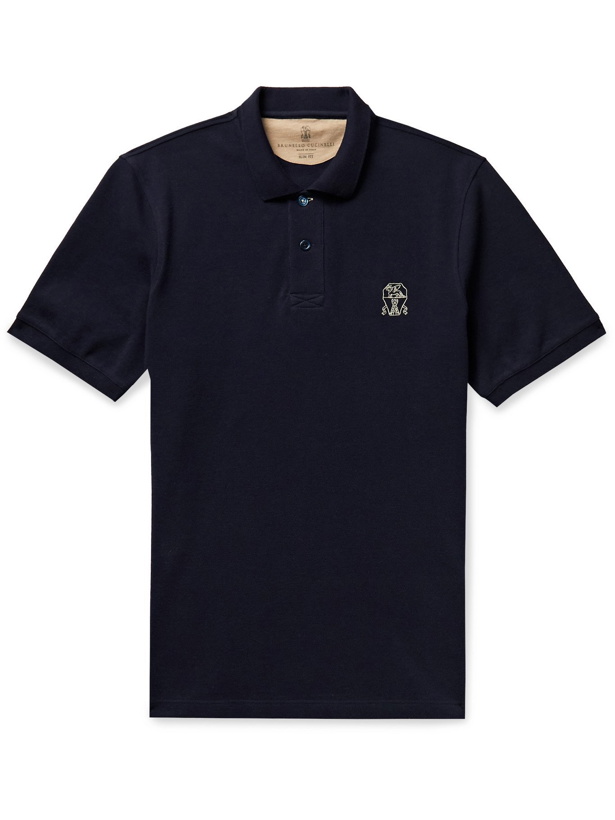 Photo: BRUNELLO CUCINELLI - Slim-Fit Logo-Embroidered Cotton-Piqué Polo Shirt - Blue