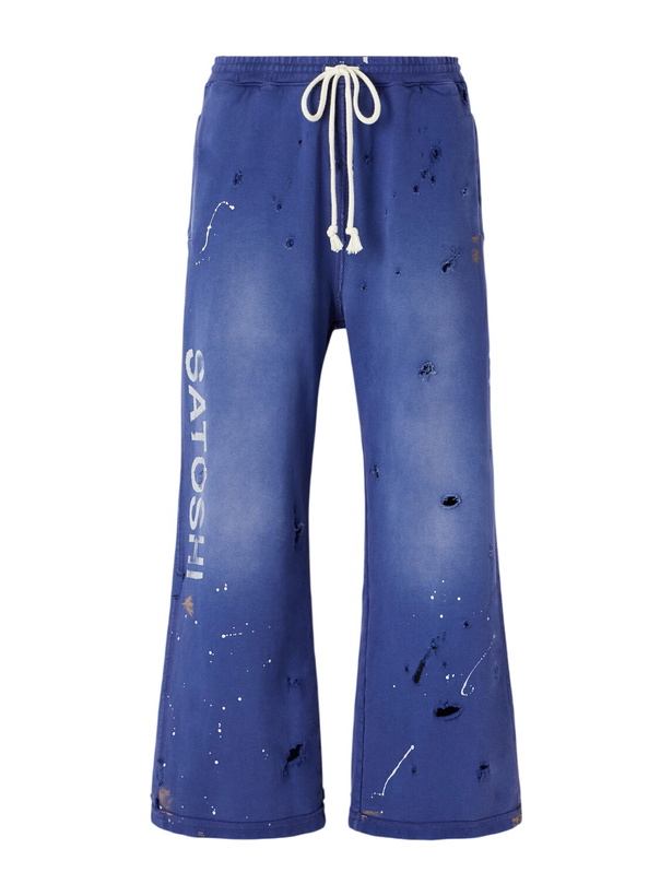 Photo: Satoshi Nakamoto - Luke Logo-Printed Paint-Splattered Distressed Cotton-Jersey Drawstring Sweatpants - Blue
