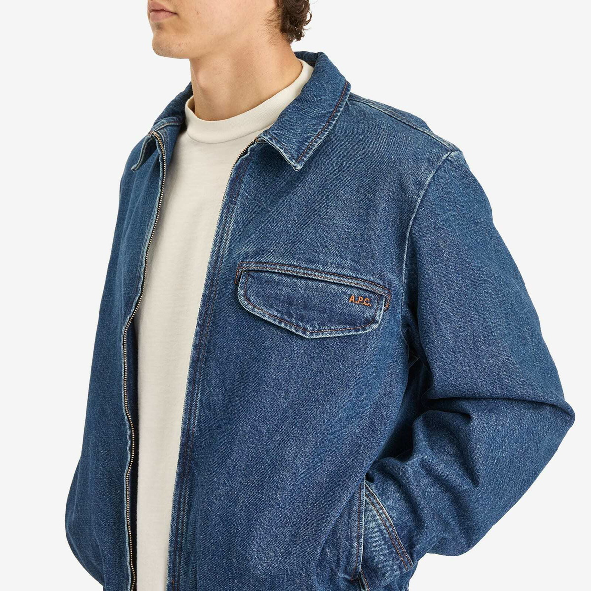 A.P.C. Men's Fabrizio Zipped Denim Jacket in Washed Indigo A.P.C.