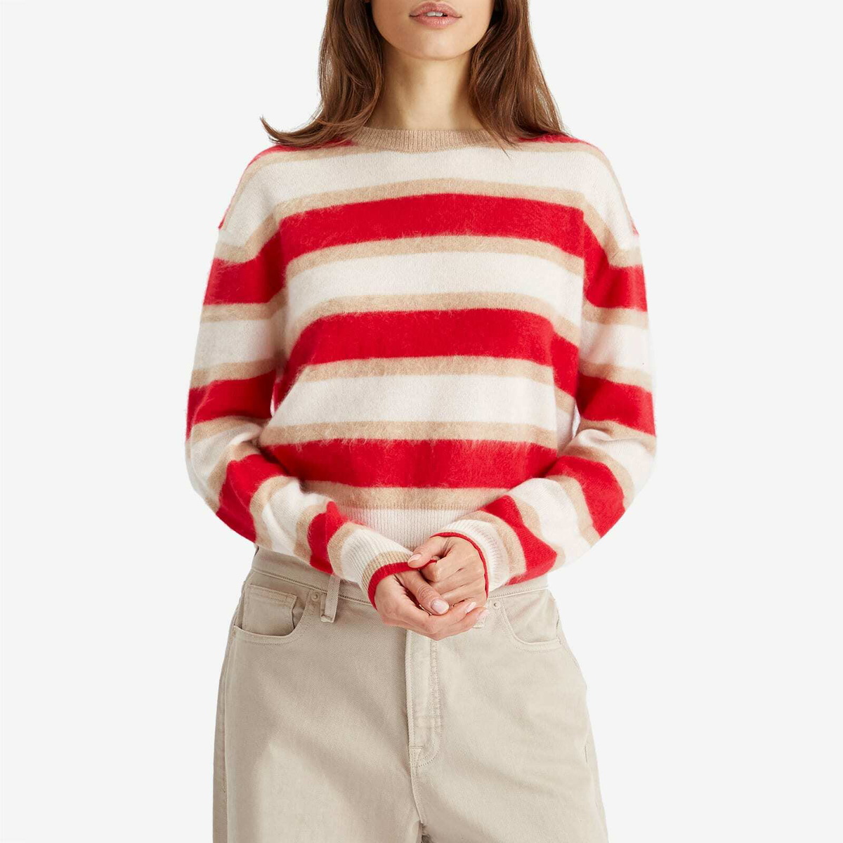 GUEST IN RESIDENCE Women's Grizzly Stripe Crew In Cashmere in True Red Combo