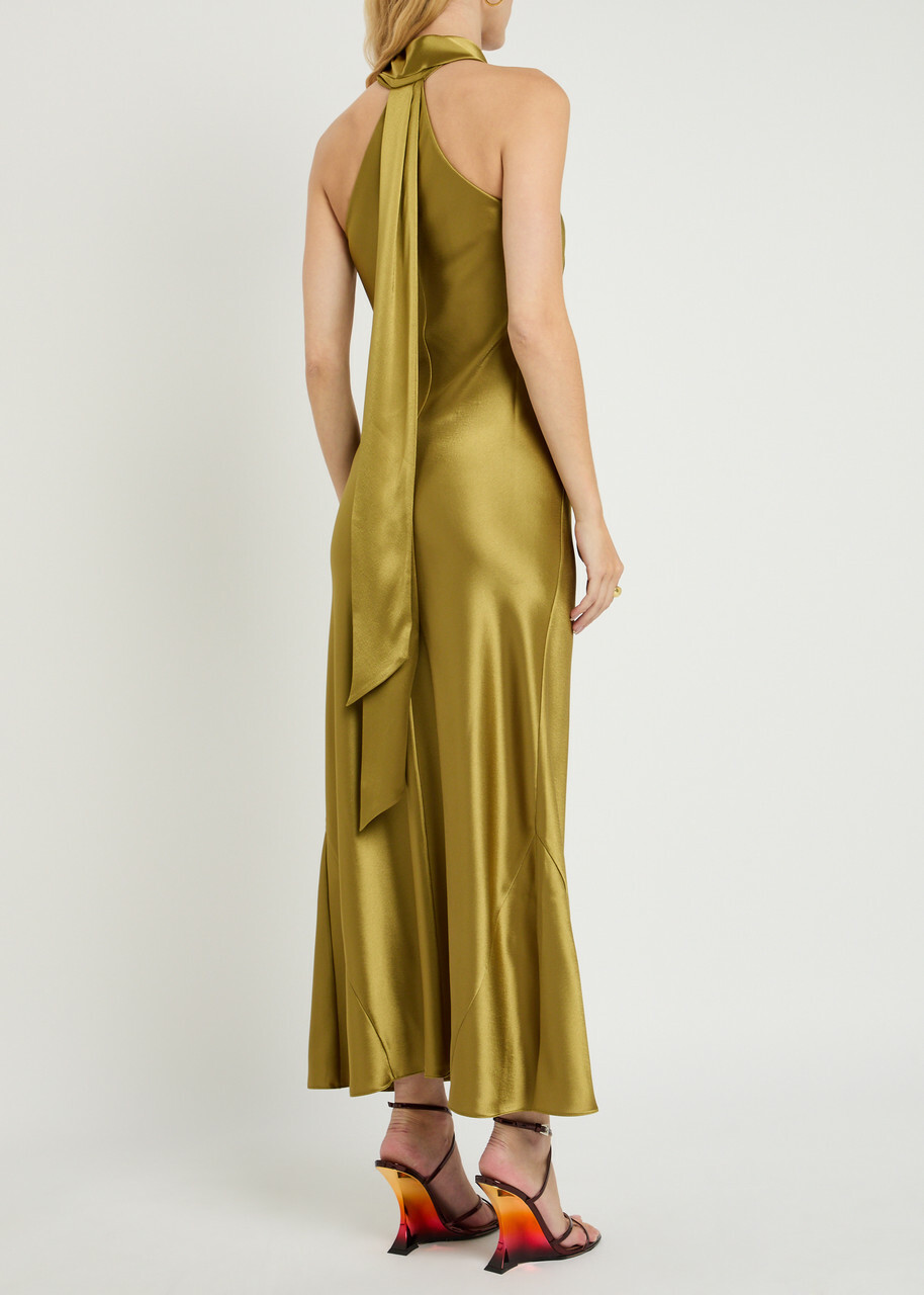 Galvan Pandora Scarf-effect Satin Midi Dress Olive