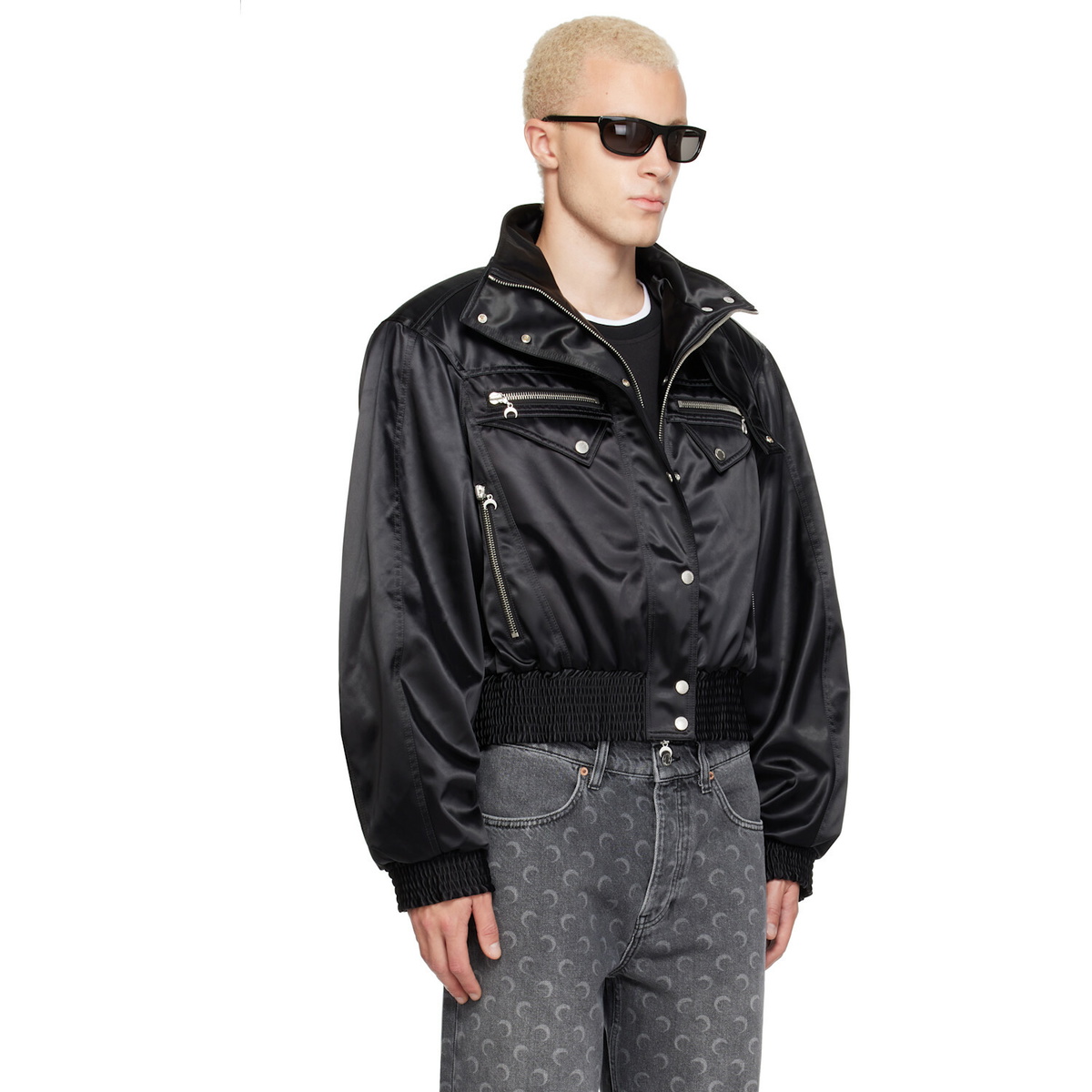 Marine Serre Black Satin Nylon Bomber Jacket