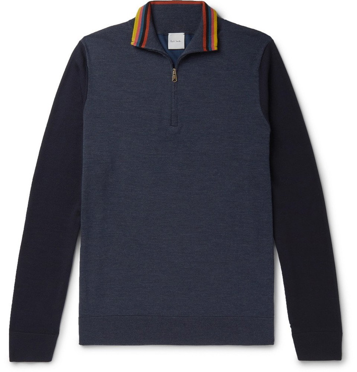 Photo: Paul Smith - Stripe-Trimmed Colour-Block Merino Wool Half-Zip Sweater - Navy